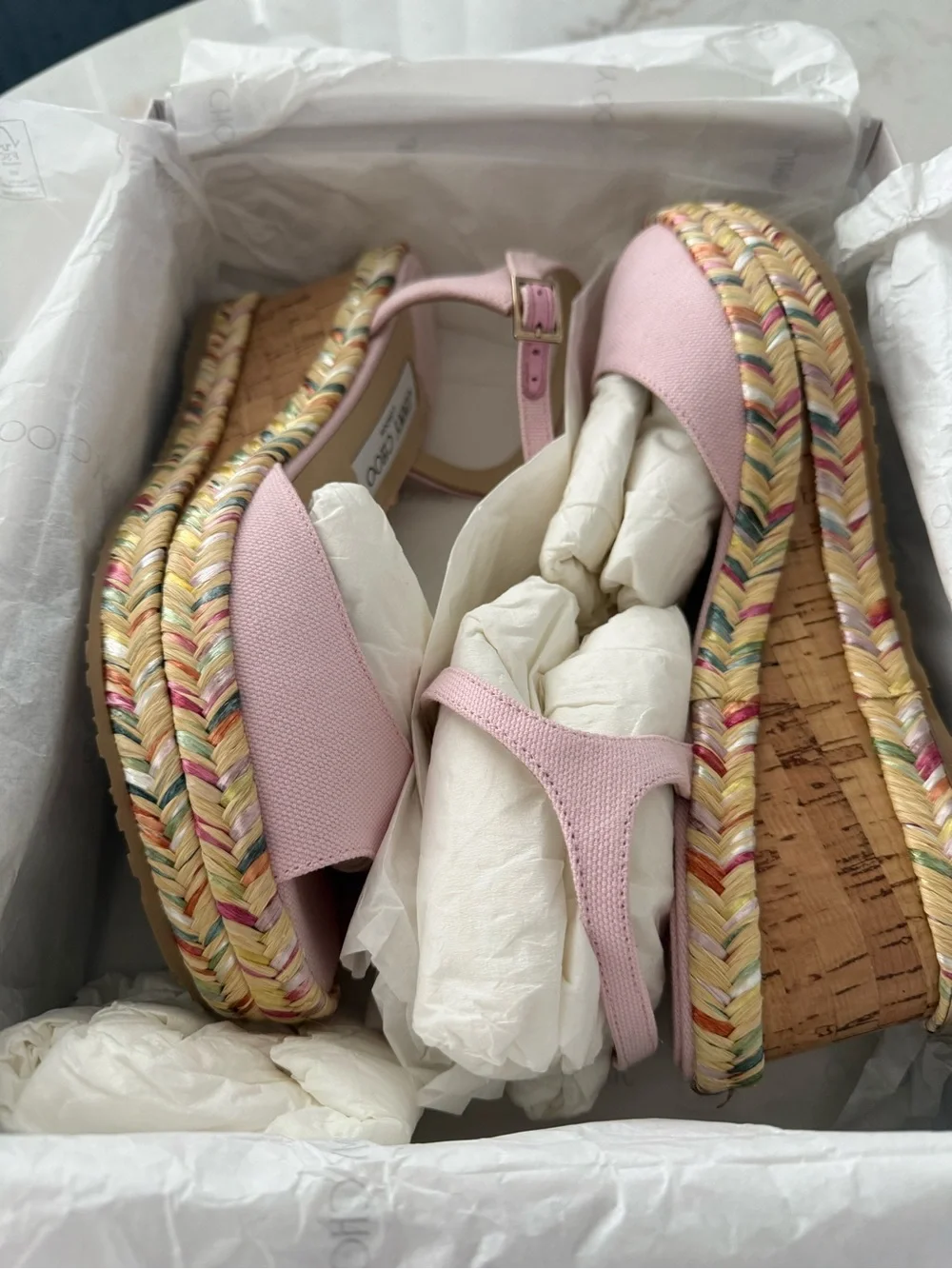 Jimmy Choo Perla 70 Pale Pink Espadrille Wedge Sandals